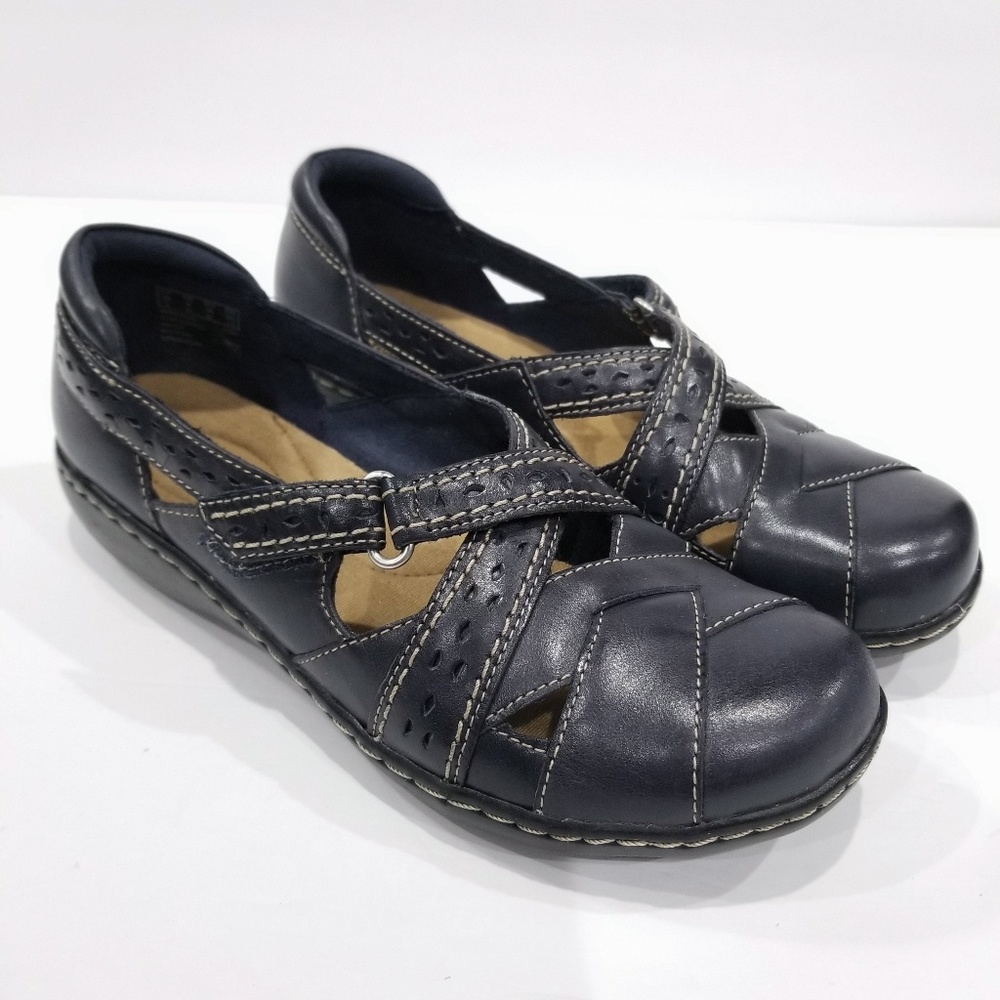 Clarks Leather Criss Cross Black Blue Shoe Sz 6
